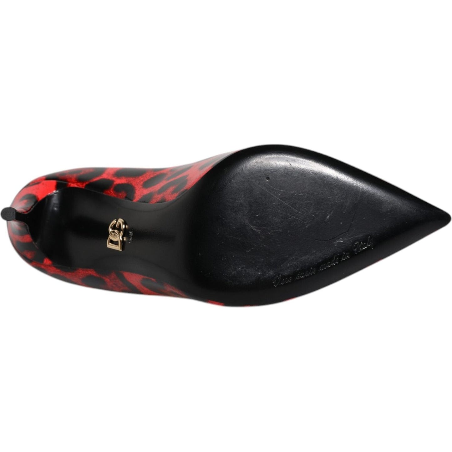 Bottom view of Dolce & Gabbana red leopard leather stiletto high heels with logo detail, showing quality calf leather sole.