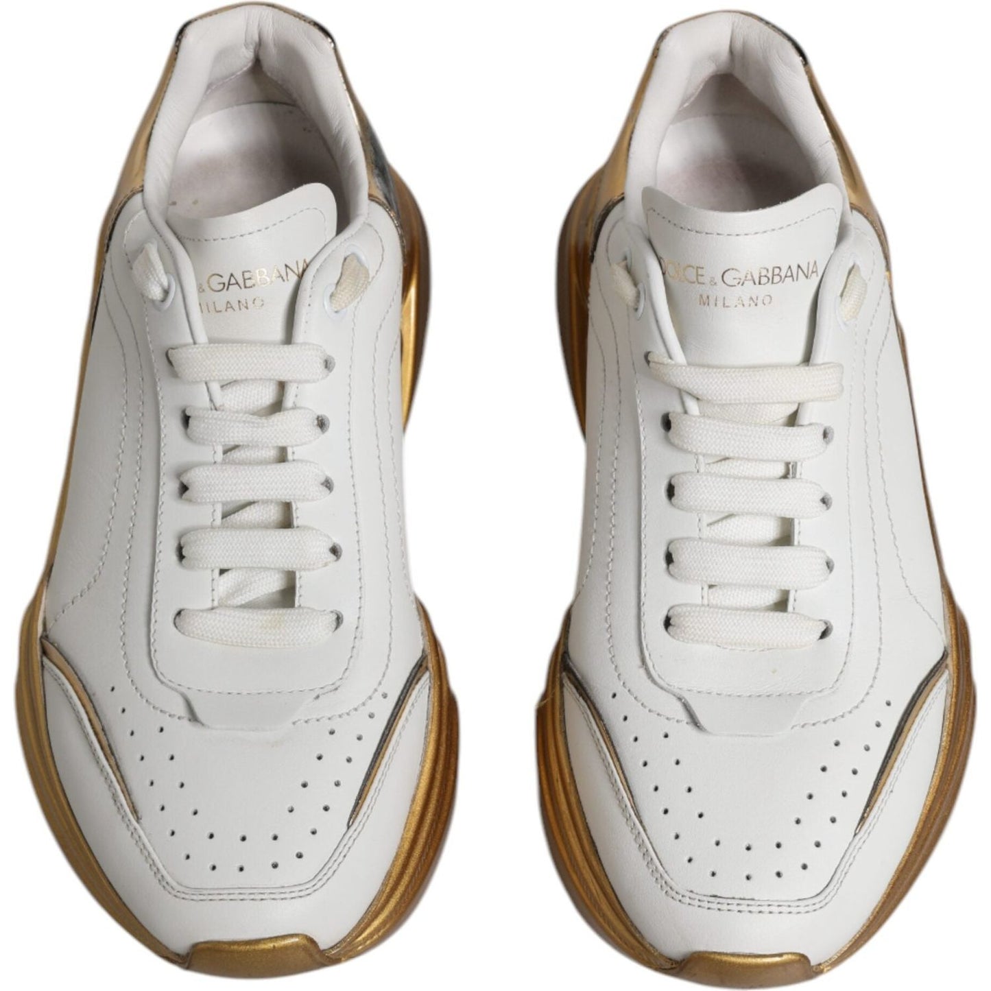 Dolce & Gabbana White Gold Daymaster Low Top Sneakers with logo detailing and rubber soles, 100% calf leather, preowned with tags.