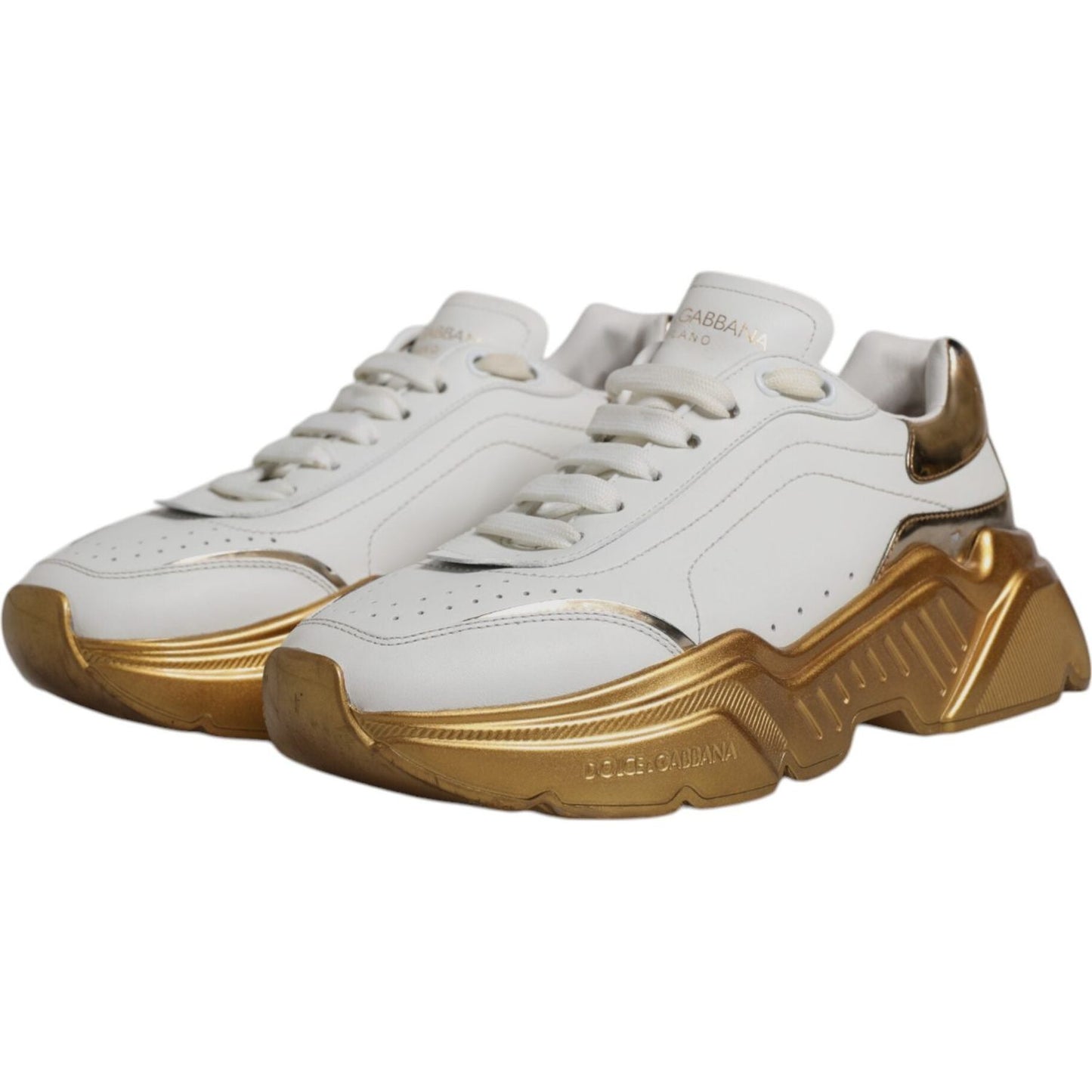 Dolce & Gabbana white gold Daymaster sneakers, preowned with tags, calf leather, rubber sole, lace-up, logo details, Made in Italy.
