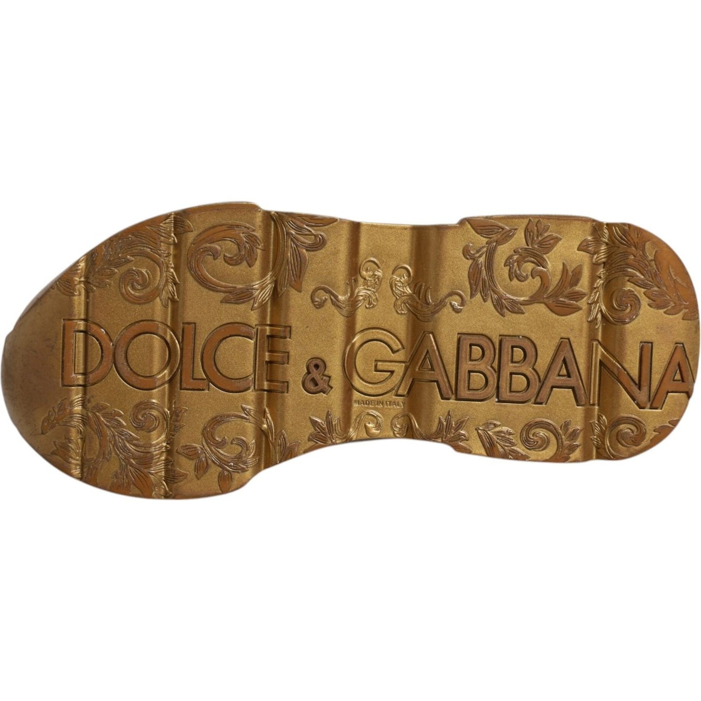 Gold sole of Dolce & Gabbana Daymaster low-top sneakers with embossed logo and floral design details.