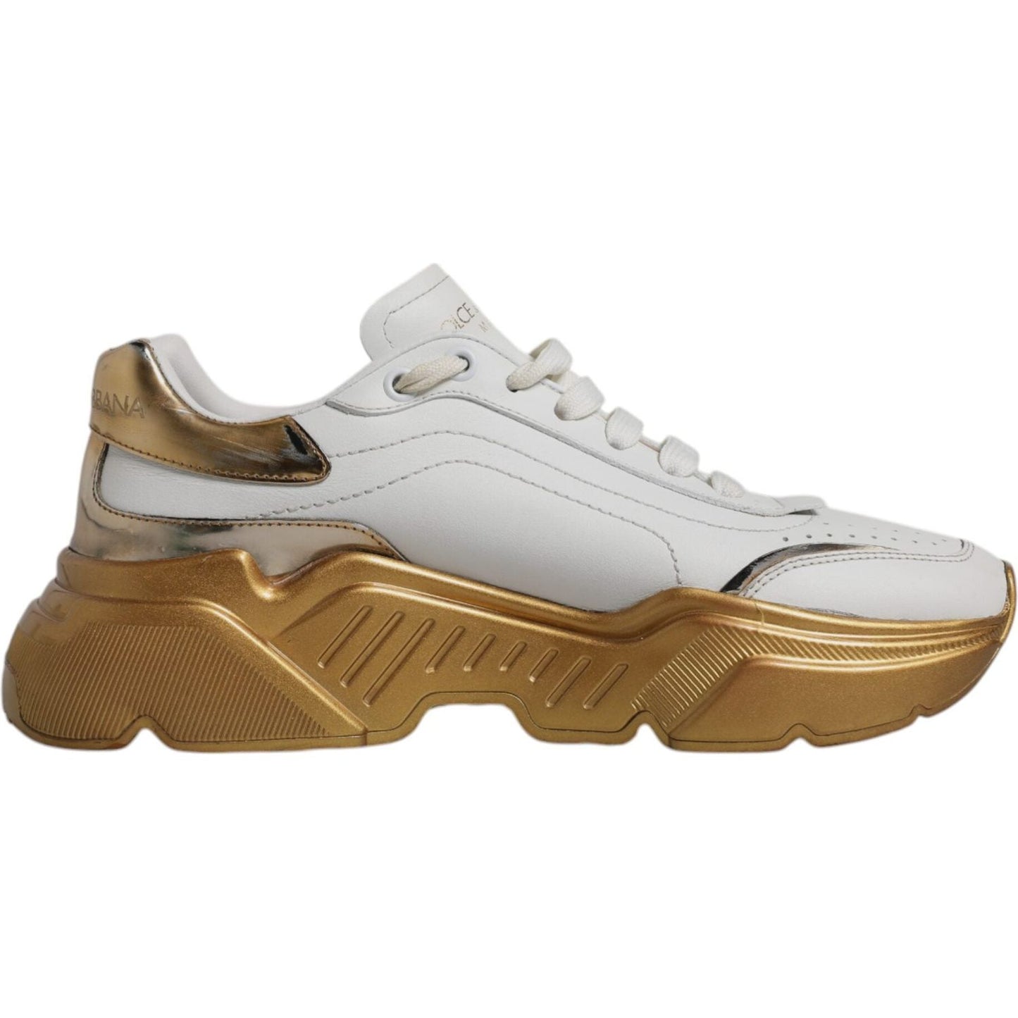 Dolce & Gabbana white gold Daymaster low-top sneakers, preowned with tags, white calf leather with gold detailing, rubber sole, lace-up