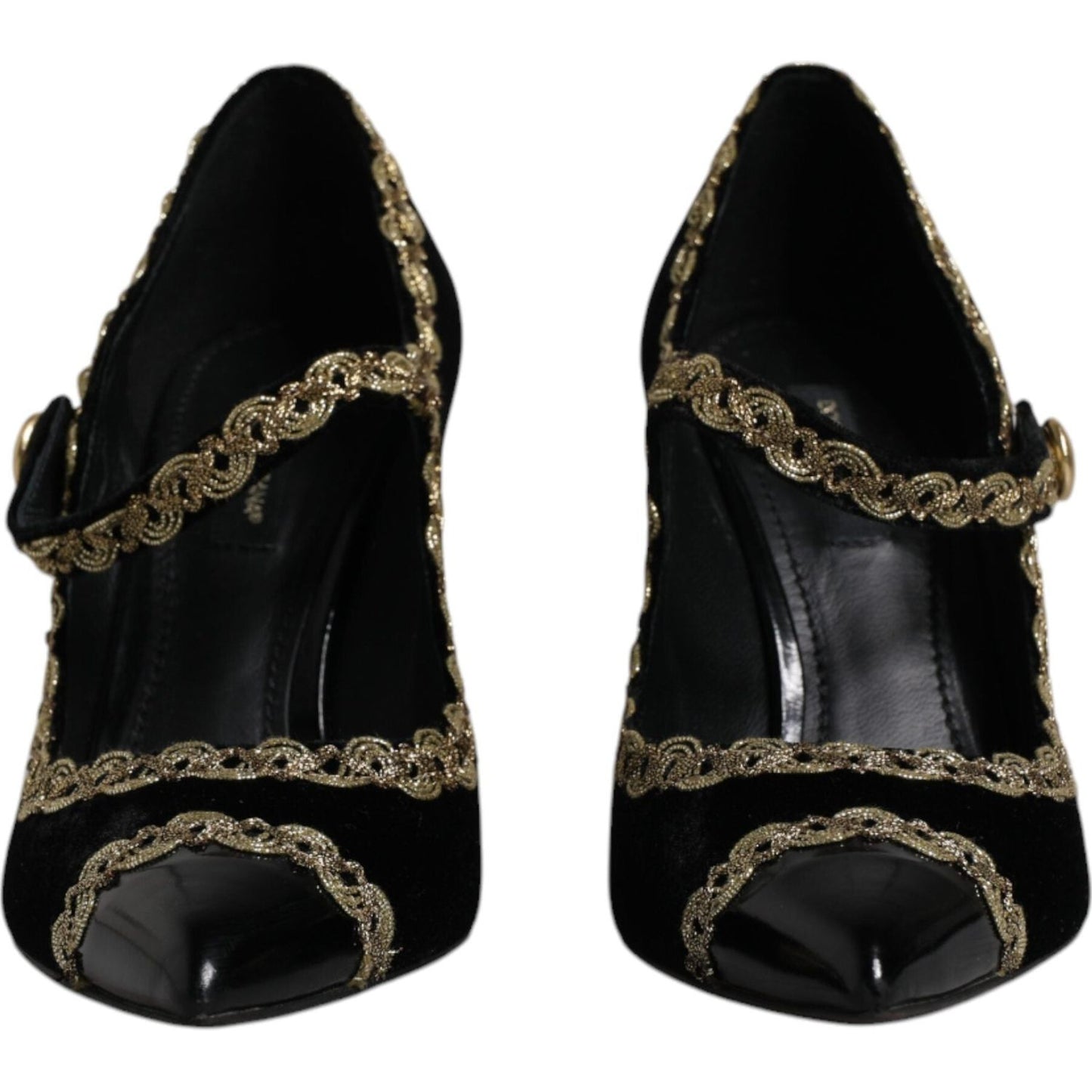 Dolce & Gabbana Black Velvet Mary Janes with Gold Embroidery, Pointed Toes, Gold Studded Ankle Straps, High Quality Italian Shoes