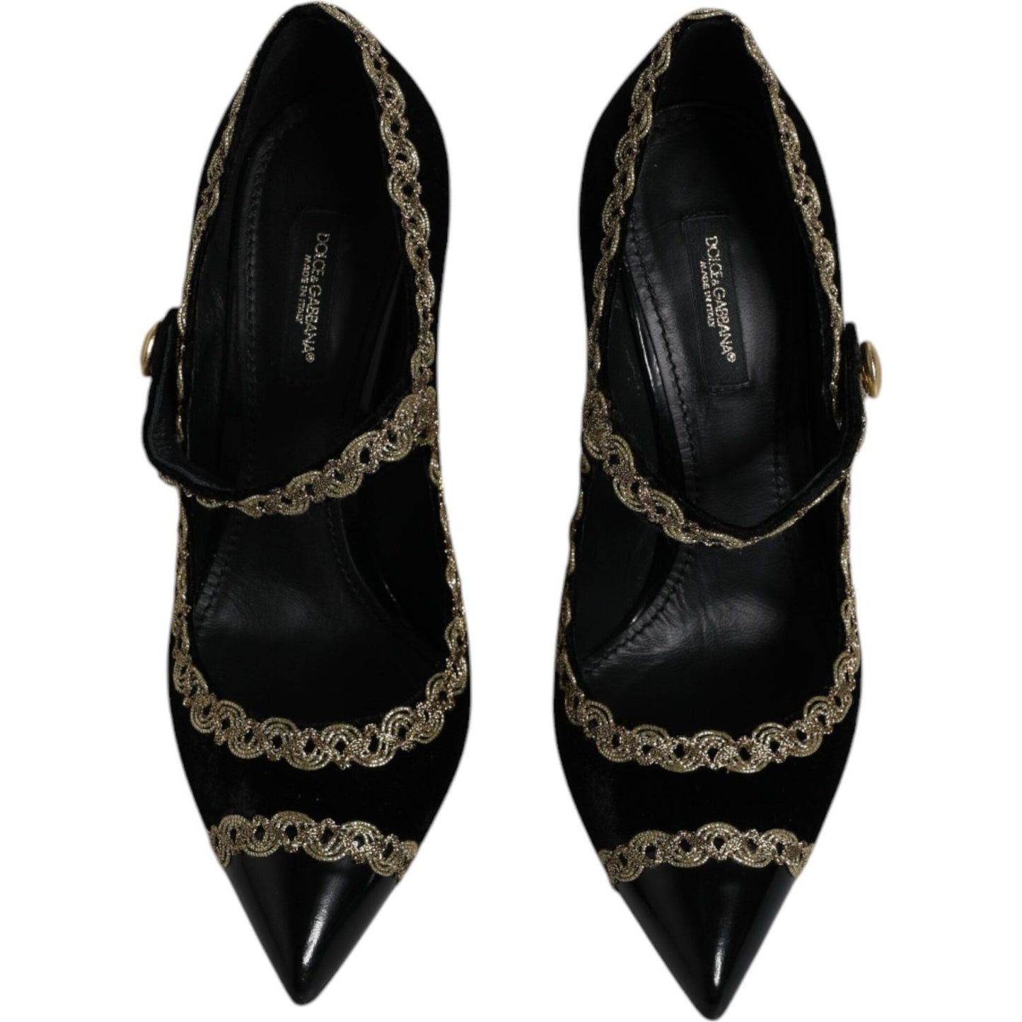 Dolce & Gabbana Black Velvet Gold Mary Janes Pumps with gold embroidery and studded ankle straps, top view angle.