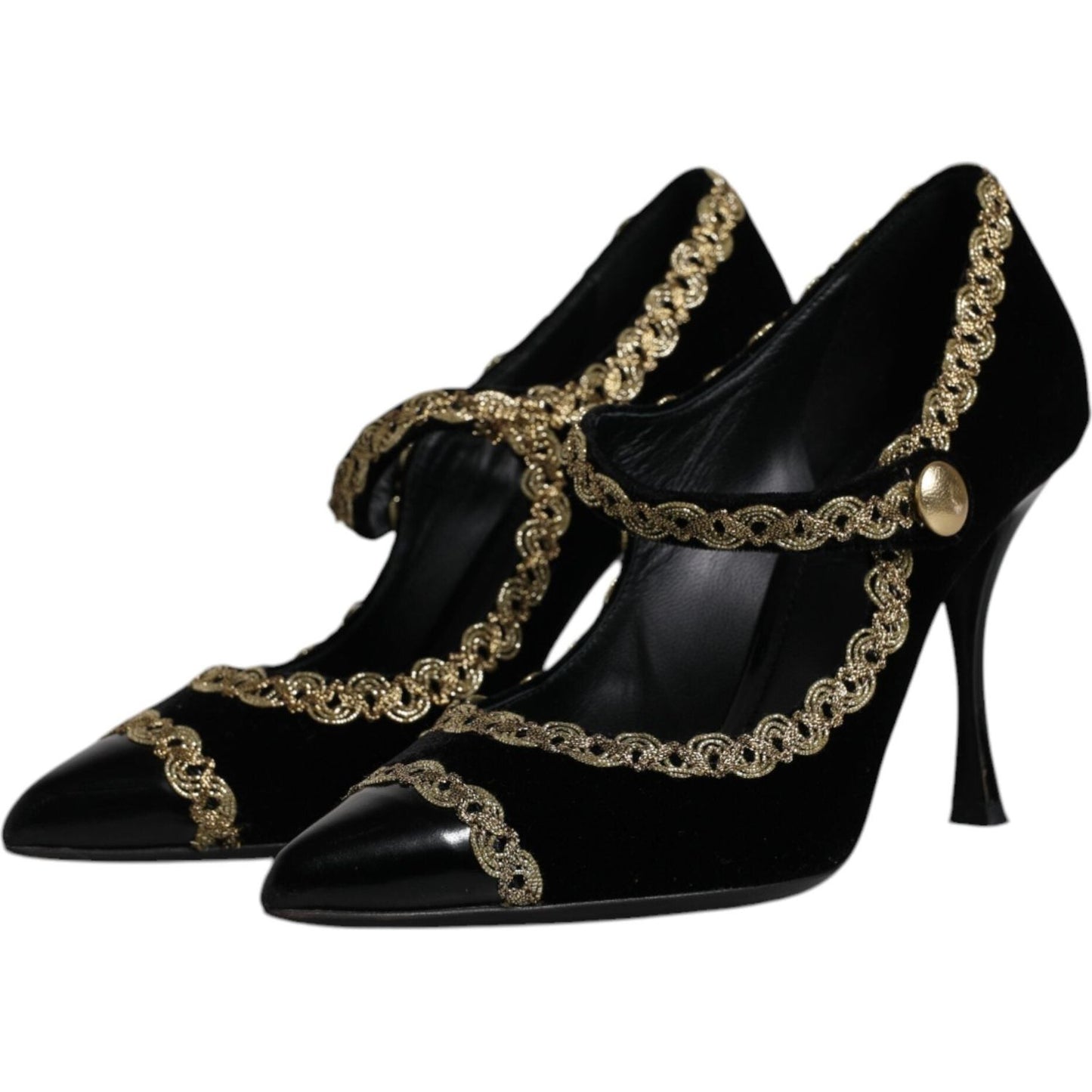 Dolce & Gabbana black velvet gold Mary Janes pumps with gold embroidery and studded ankle straps, pointed toes, high heel shoes.