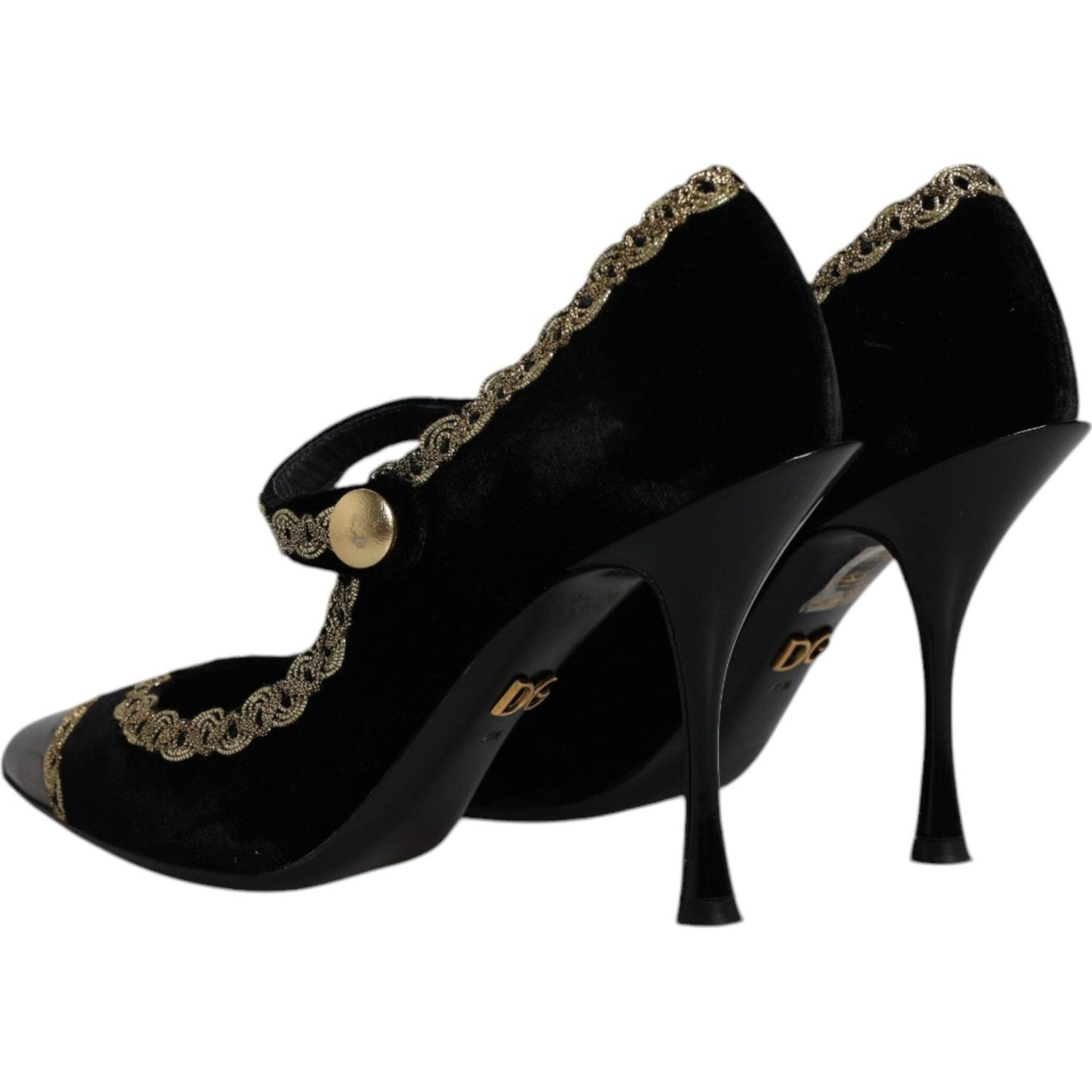 Dolce & Gabbana Black Velvet Gold Mary Janes Pumps with Gold Embroidery and Studded Ankle Straps