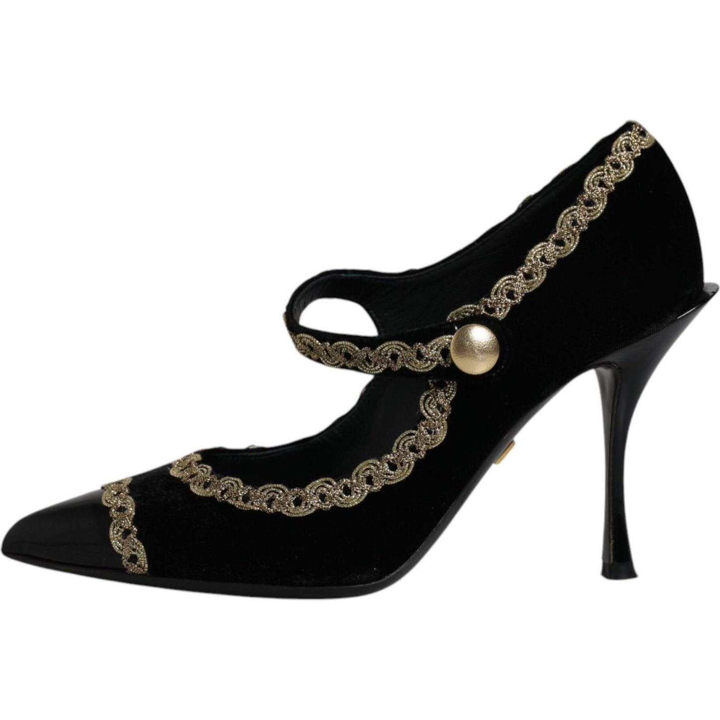 Dolce & Gabbana Black Velvet Gold Mary Janes Pumps with Embroidered Uppers and Gold Studs