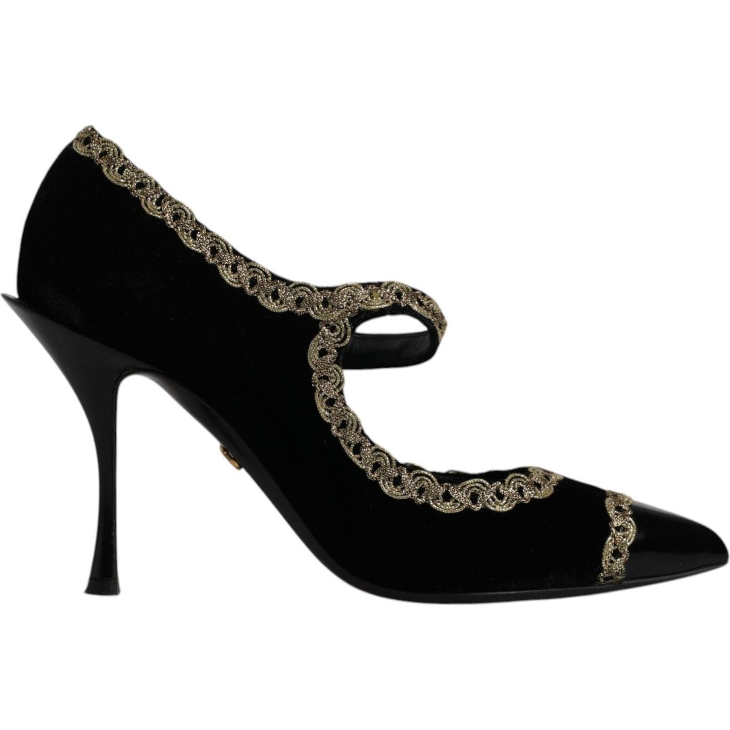 Dolce & Gabbana black velvet pumps with gold embroidery and studded ankle straps, pointed toe design, leather sole, high heel.