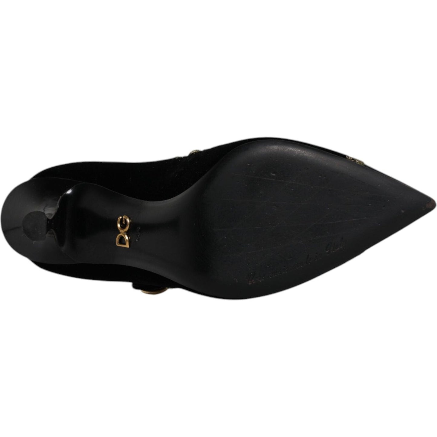 Sole view of Dolce & Gabbana Black Velvet Gold Mary Janes Pumps featuring leather material and DG logo detailing.