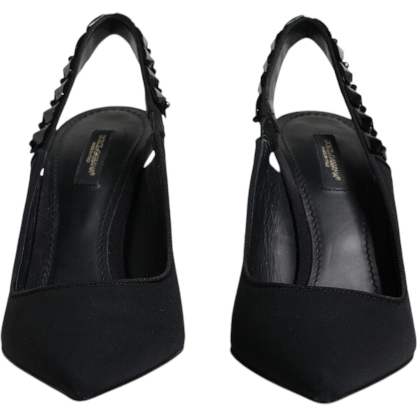Dolce & Gabbana black embellished charmeuse slingback shoes with logo details and viscose material, luxury Italian design.