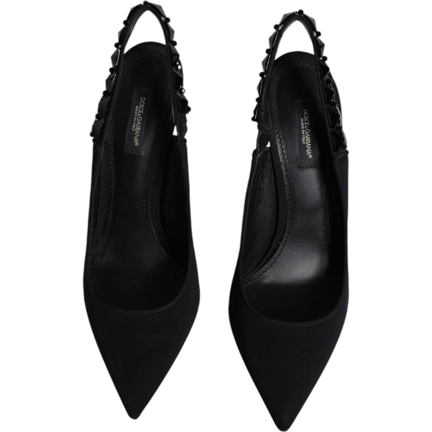 Dolce & Gabbana black embellished charmeuse slingback shoes, pointed toe, luxury fashion footwear, viscose leather sole, made in Italy.