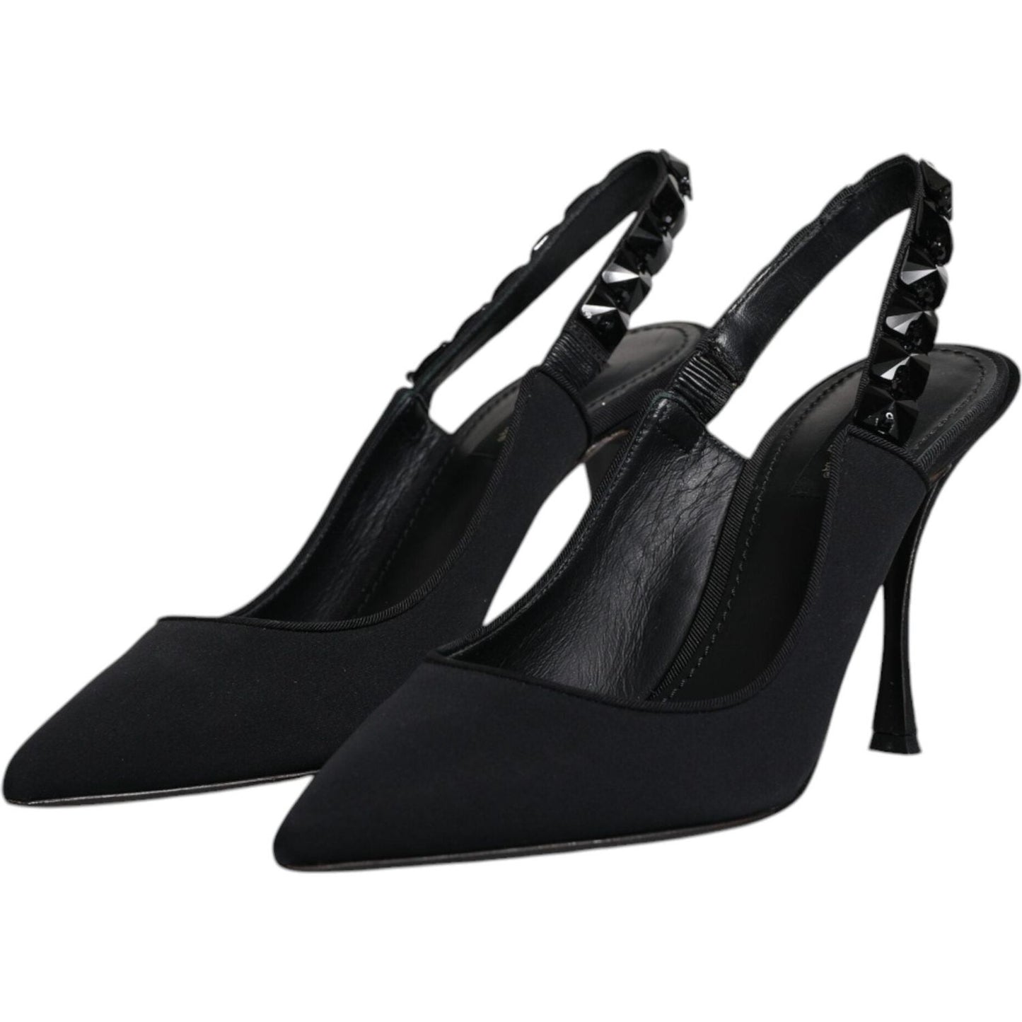 Dolce & Gabbana black embellished charmeuse slingback shoes with viscose leather sole, high heel, made in Italy, luxurious design.