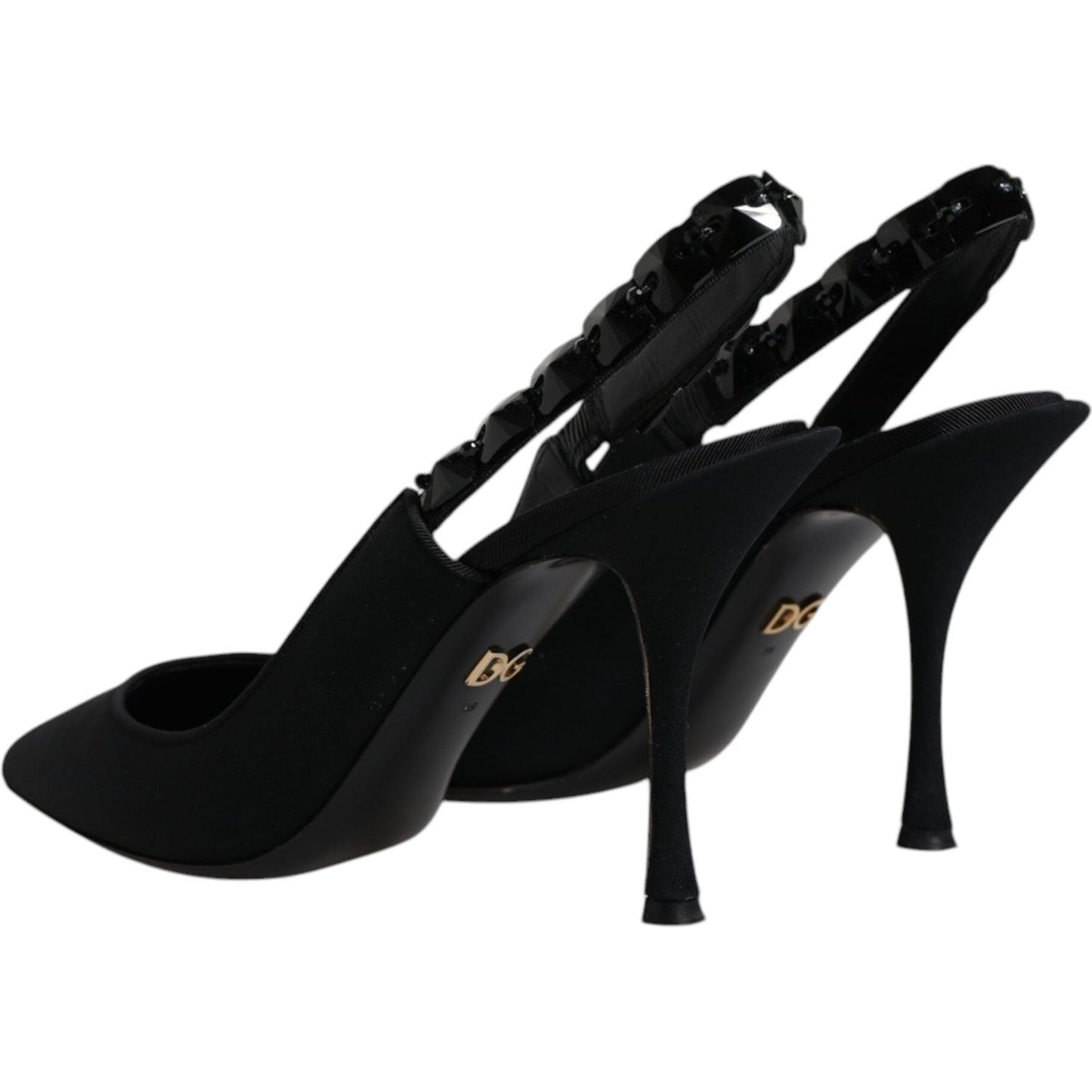 Dolce & Gabbana black embellished charmeuse slingback heels in viscose leather with logo details, elegant and high-quality Italian design.