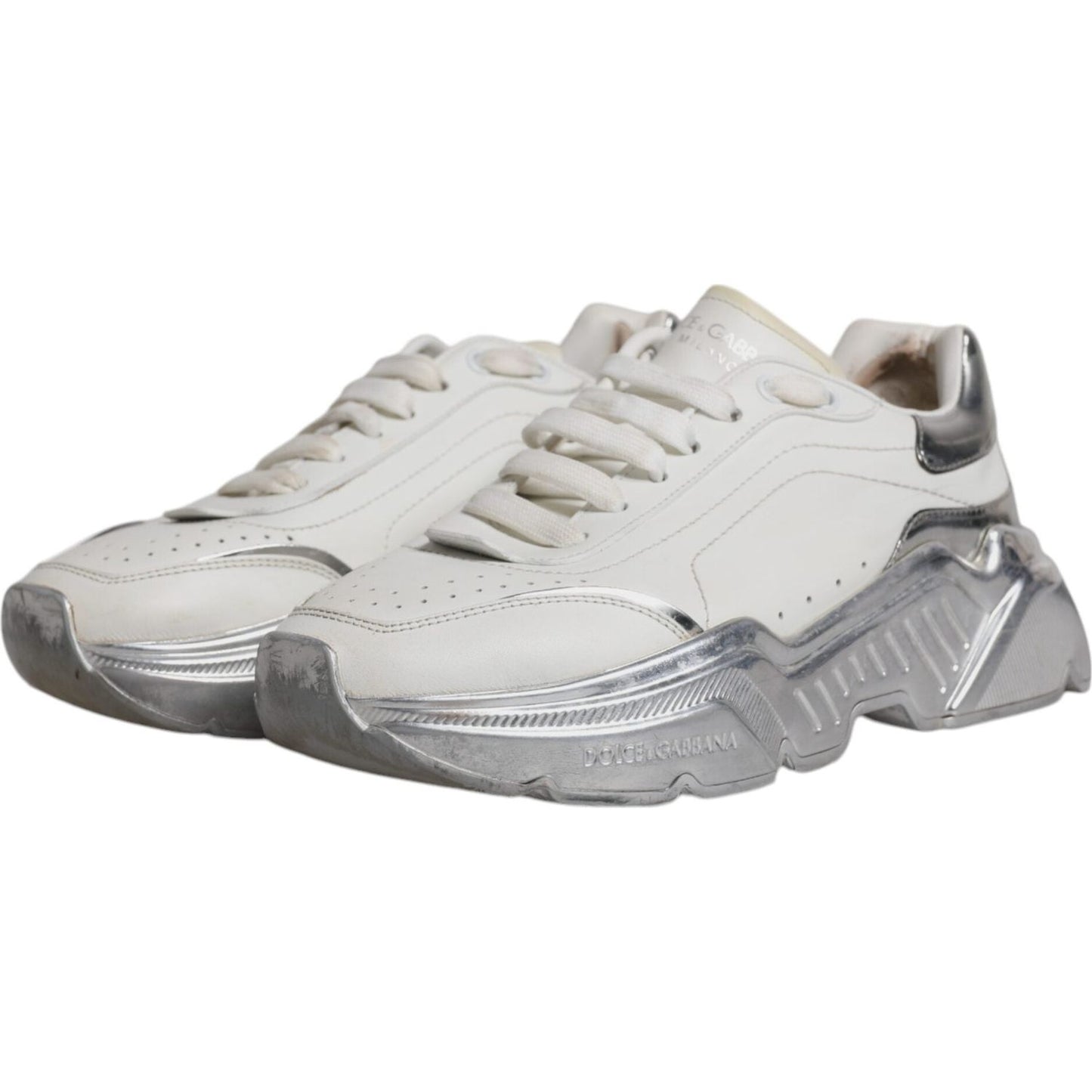 Dolce & Gabbana white silver Daymaster low-top sneakers, calf leather, rubber soles, lace-up, logo details, luxury footwear.