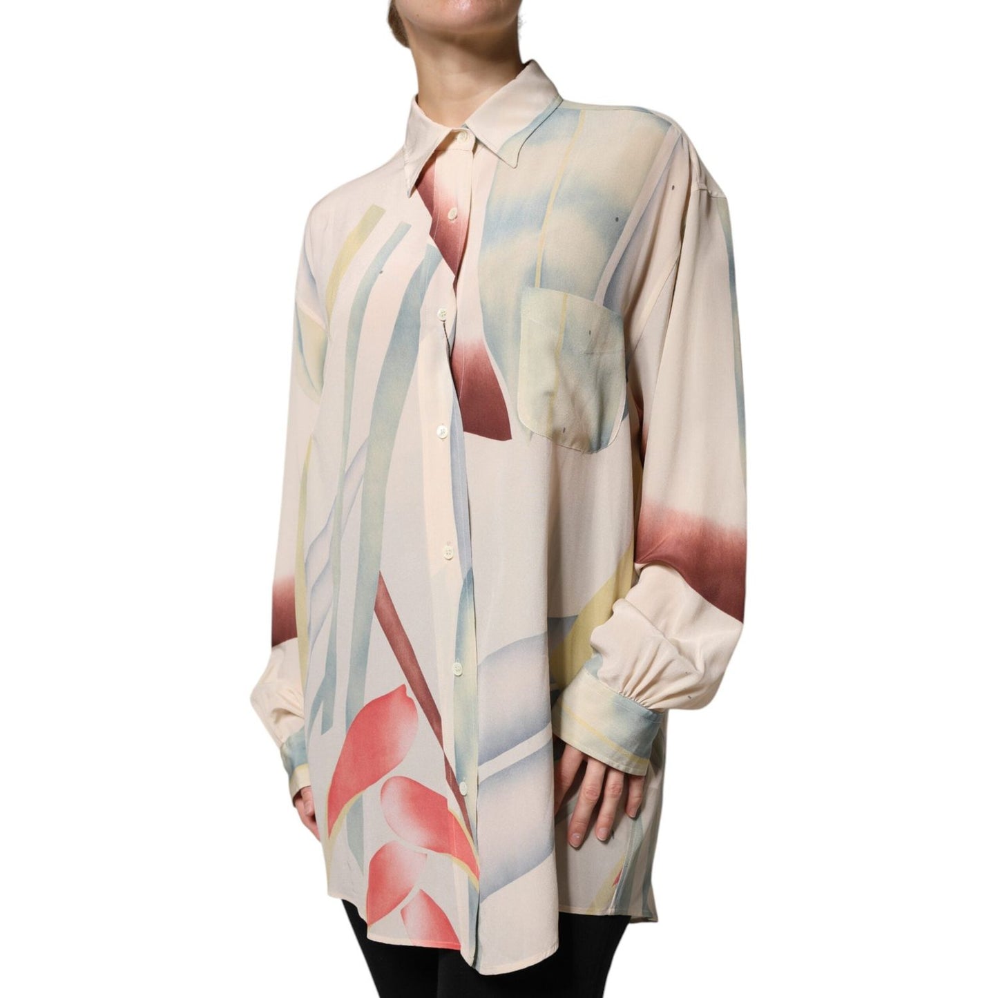 Etro beige printed silk blouse with collared neck and button closure, featuring long sleeves, minor front stains, made in Italy.