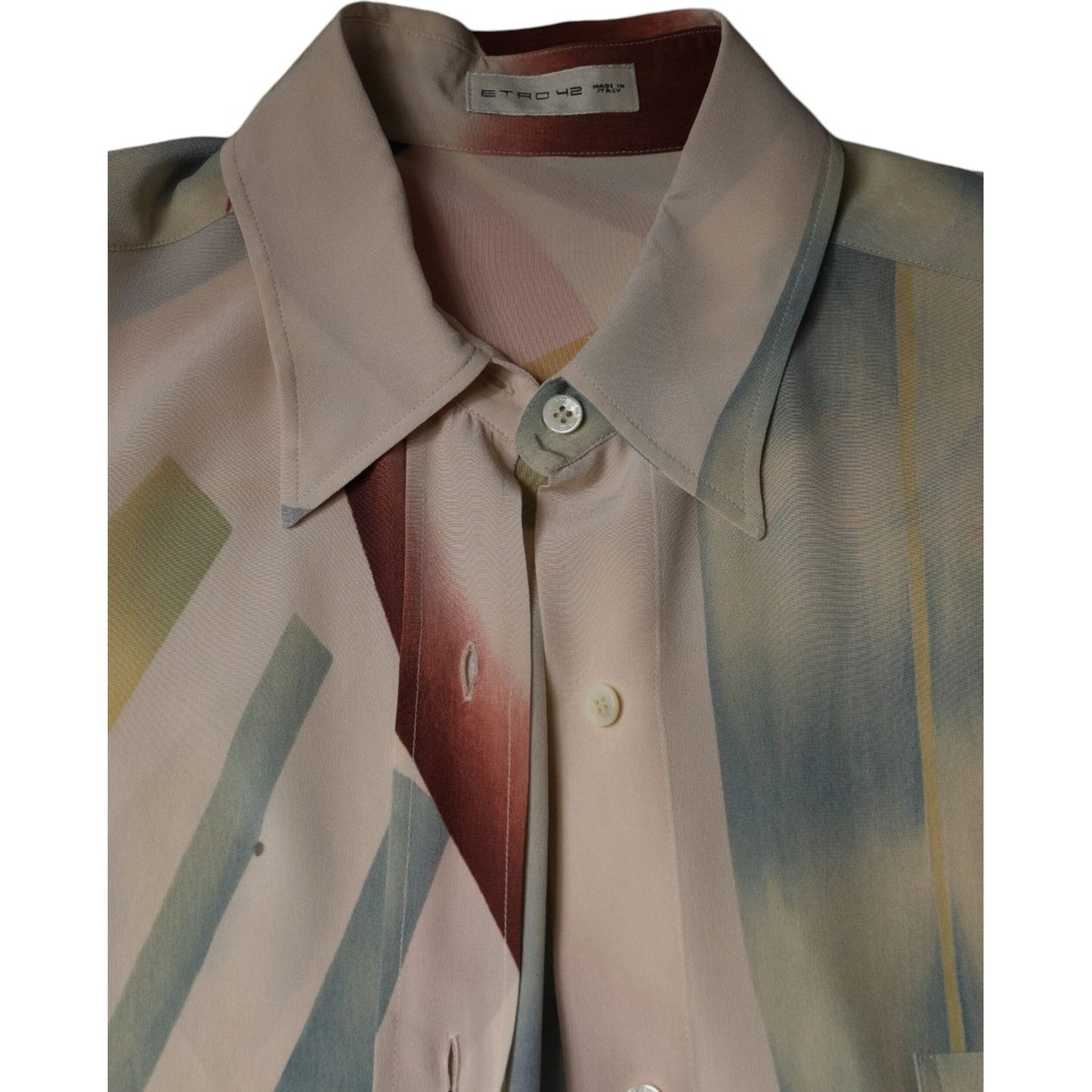 Etro Beige Printed Collared Buttoned Silk Blouse with Long Sleeves and Stains, Made in Italy, 100% Authentic Fashion Top