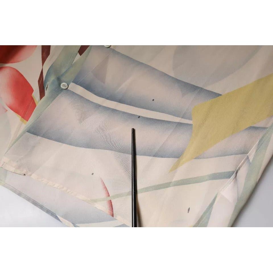Close-up of Etro Beige Printed Silk Blouse with Minor Stains on Front, Collared Neck, Long Sleeves, Buttoned, Made in Italy