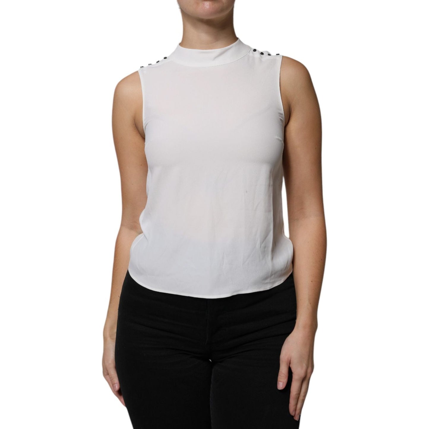 Patrizia Pepe white mock neck sleeveless blouse with button detail, featuring minor front stains. Made in Italy from acetate and silk.