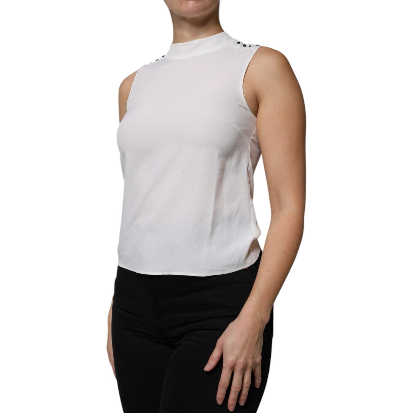 Patrizia Pepe white mock neckline sleeveless tank blouse top, featuring button closure, minor stains visible.