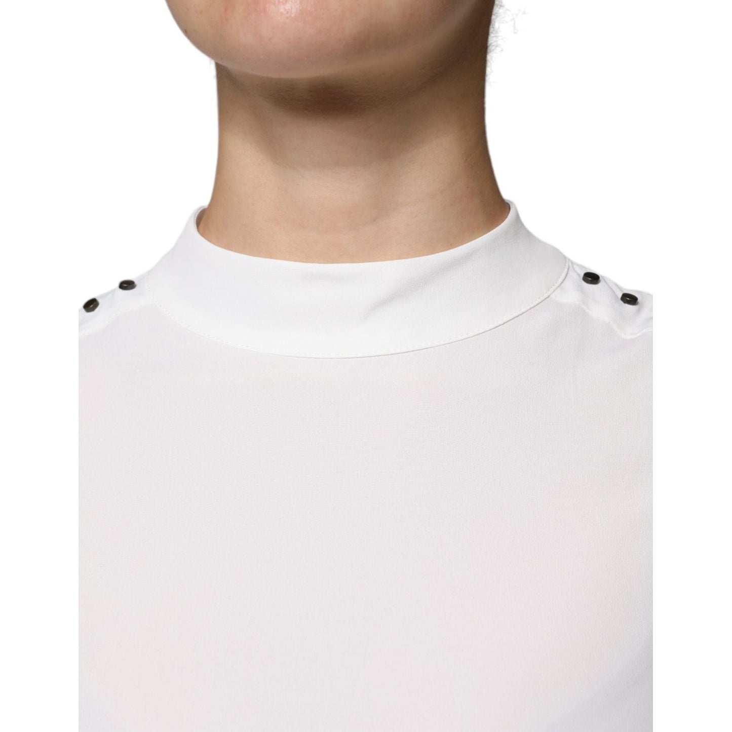 White Patrizia Pepe mock neck sleeveless top with button closure and logo details, made in Italy from acetate and silk blend.