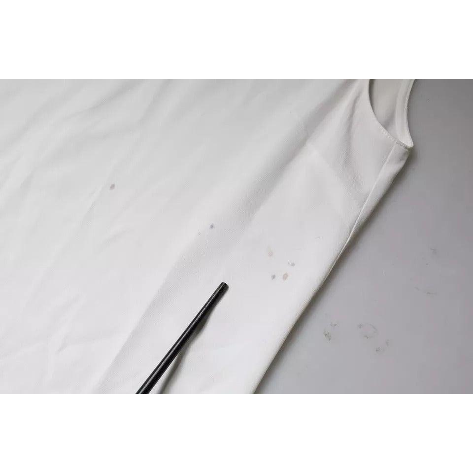 Close-up of Patrizia Pepe white sleeveless tank blouse showing minor front stains, mock neckline, acetate silk blend, Italy-made.