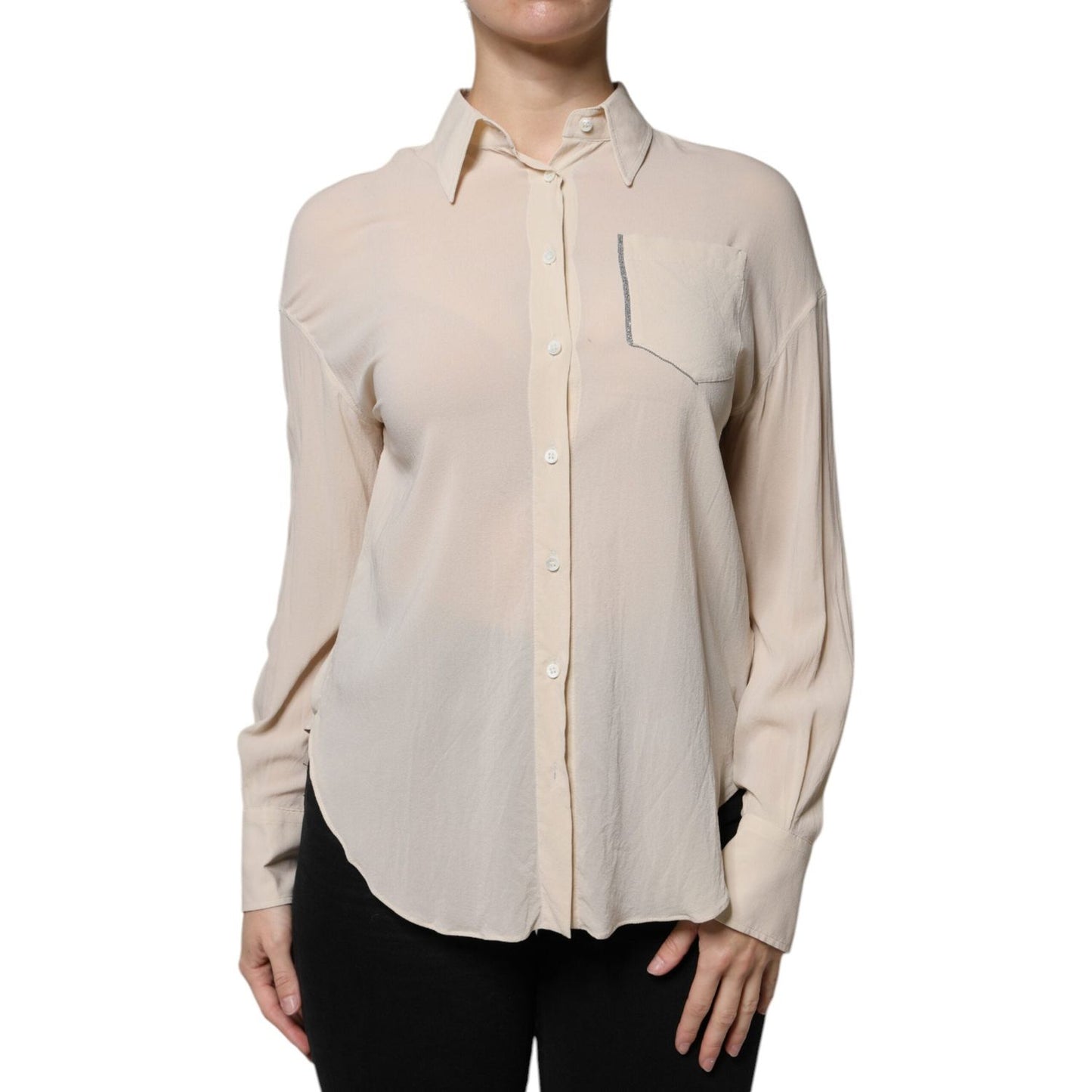 Brunello Cucinelli beige silk blend button-down top with collared neck and long sleeves, worn by model, showcases elegant Italian fashion.