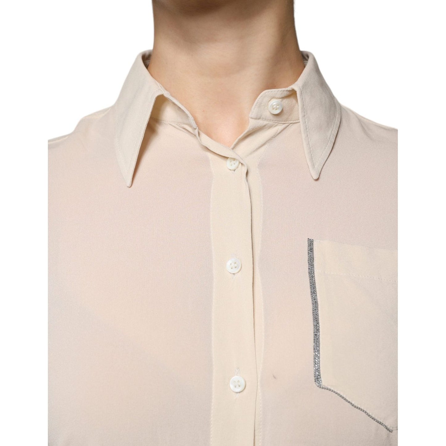 Brunello Cucinelli beige silk blend button-down top with collar and chest pocket, featuring buttoned cuffs, elegant for formal wear.