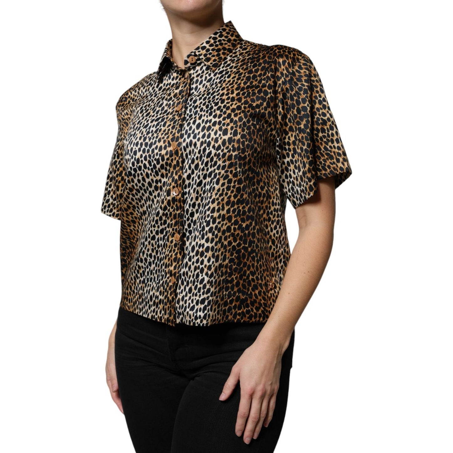 Dolce & Gabbana brown leopard print short sleeve blouse, cotton blend, collared, button closure, model wearing top, slight front stain.