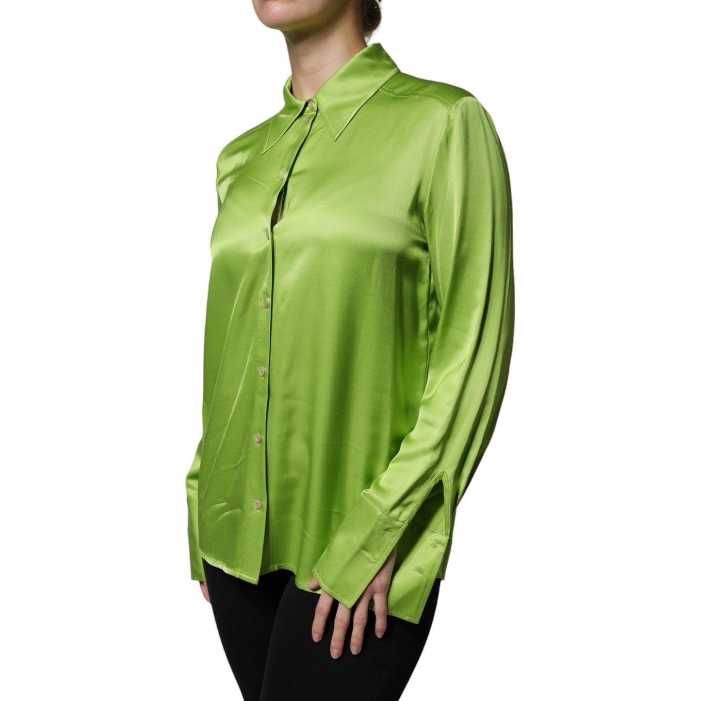 Patrizia Pepe green viscose blouse with long sleeves, collar, and button closure. Stylish design, missing sleeve button detail.