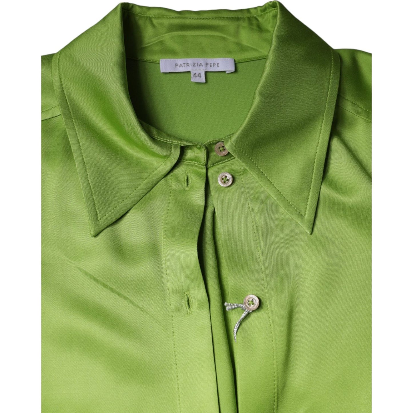 Patrizia Pepe green viscose blouse with long sleeves and collared design, showing button closure and logo detail, minor sleeve button defect.