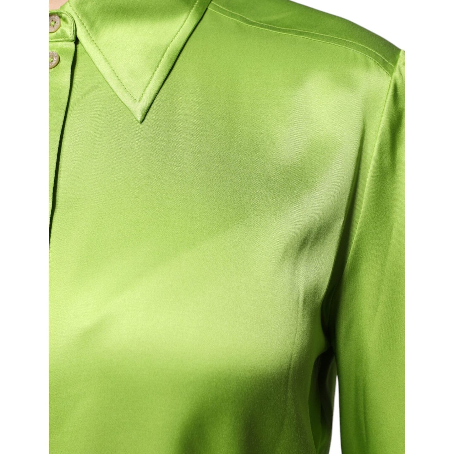 Patrizia Pepe green viscose blouse with long sleeves and collared design, featuring button closure and minor sleeve button defect.