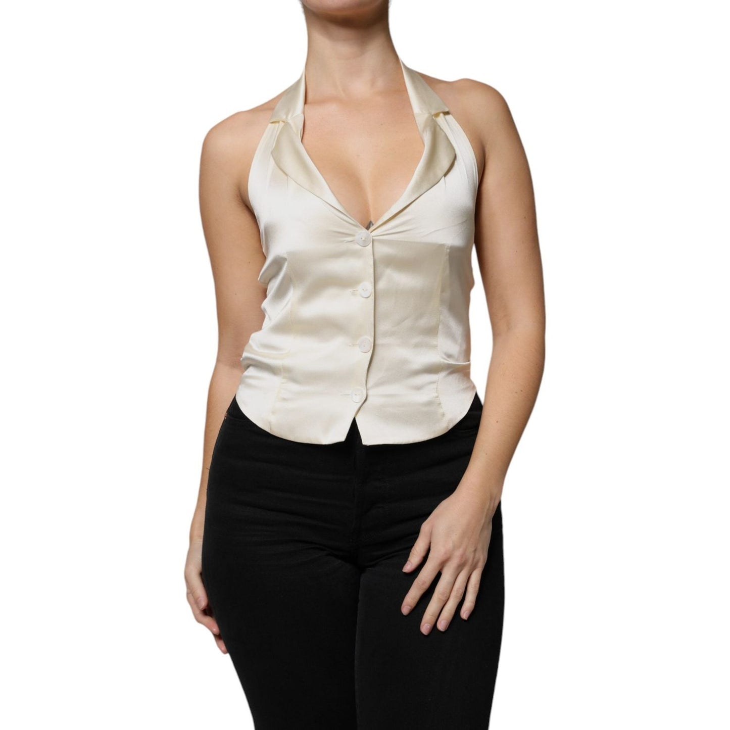 Off white silk sleeveless halter neck top by L'AUTRECHOSE with button closure, worn by a model. Made in Italy. Minor defect present.