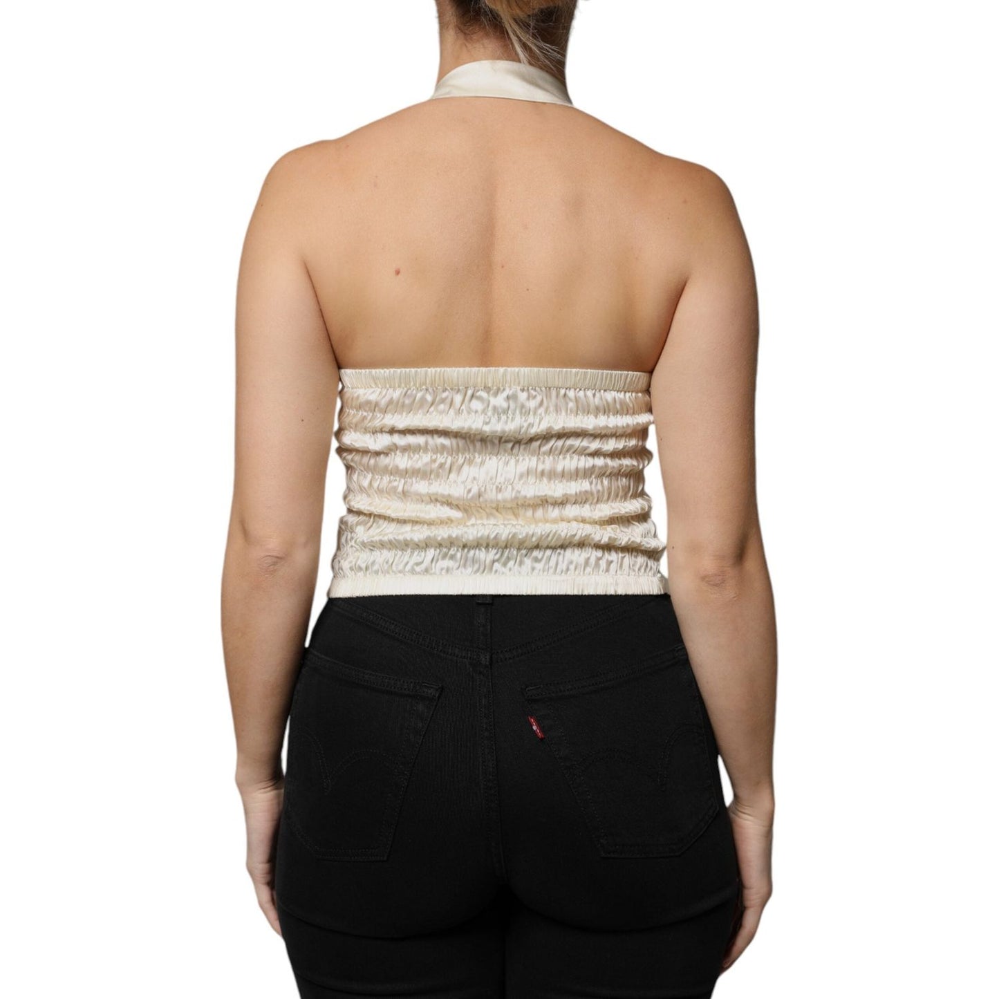 Back view of L'Autre Chose off-white silk sleeveless buttoned halter top.