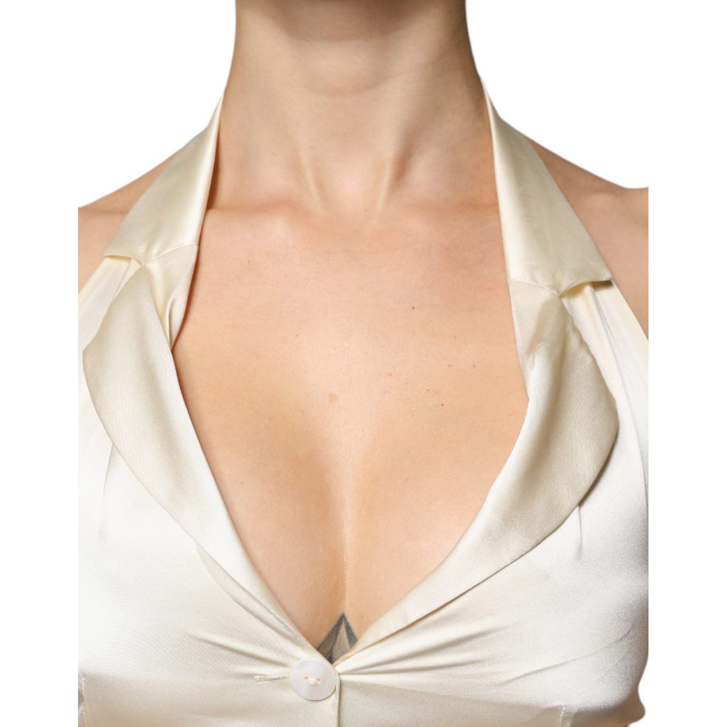 Off White Silk Halter Top by L'AUTRECHOSE with Button Closure, Made in Italy, Features Minor Defect with Pulled Threads