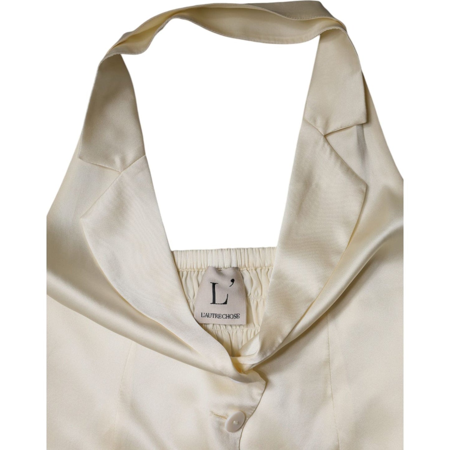 L'Autre Chose off white silk sleeveless buttoned halter top with logo, showing neckline and tag, made in Italy with minor defects.