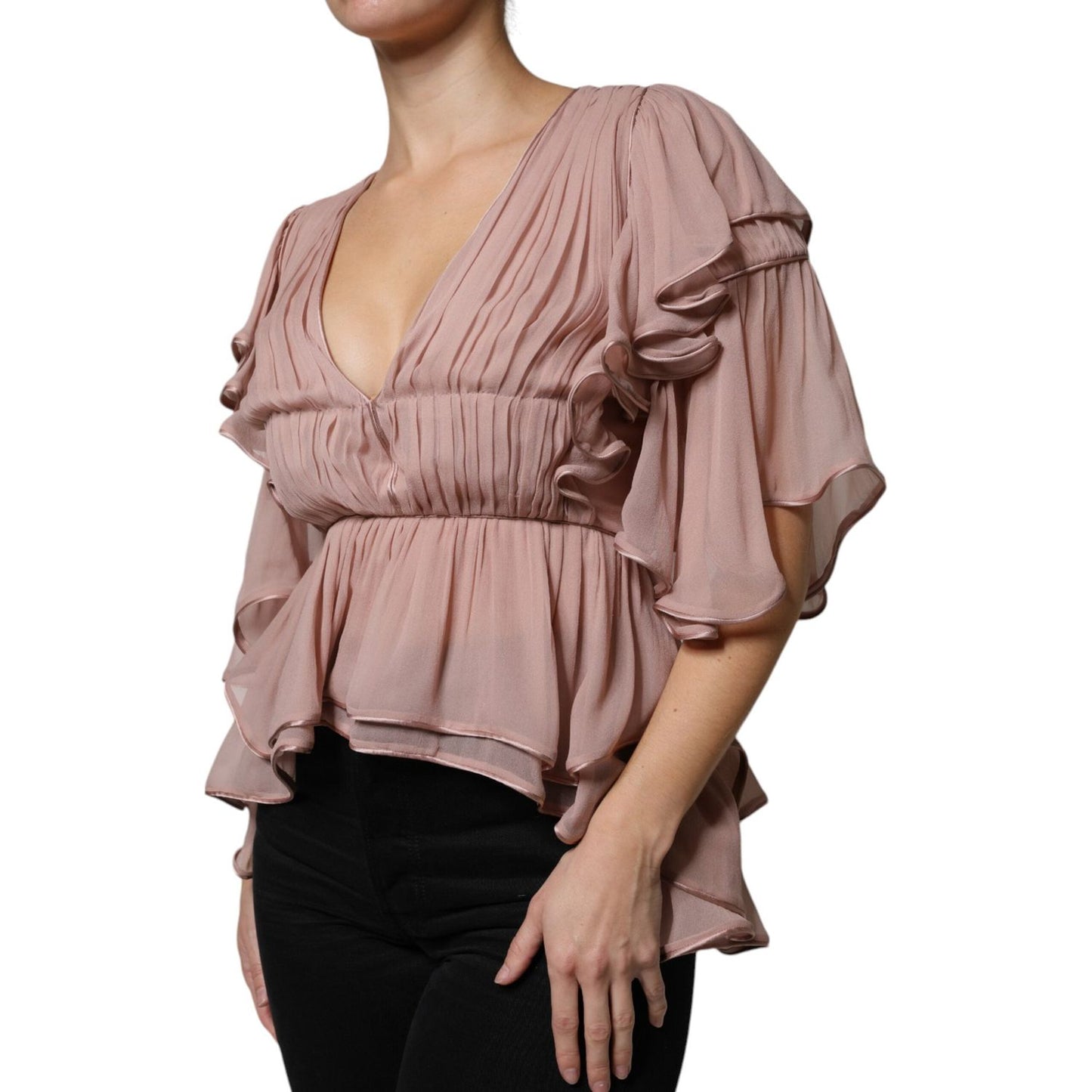 Brown silk V-neck Alberta Ferretti top with short sleeves and pleated design, worn by model, highlighting luxurious 100% silk texture.