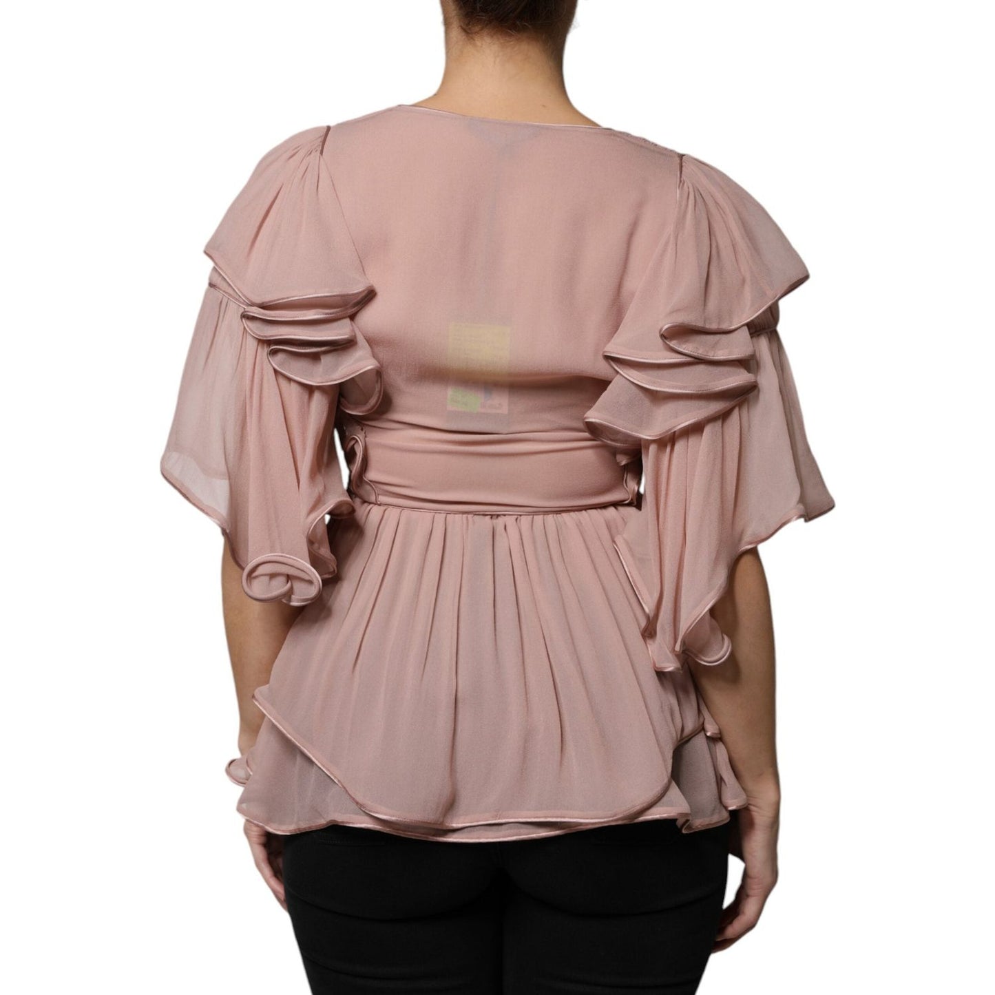 Back view of Alberta Ferretti brown silk pleated top with short sleeves and minor thread defect, showcasing elegant design.