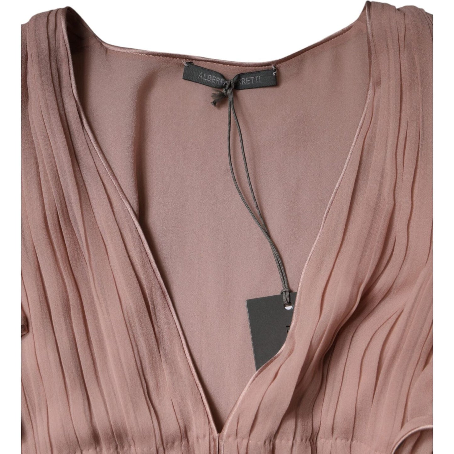 Alberta Ferretti brown silk V-neck pleated top with short sleeves and logo details.
