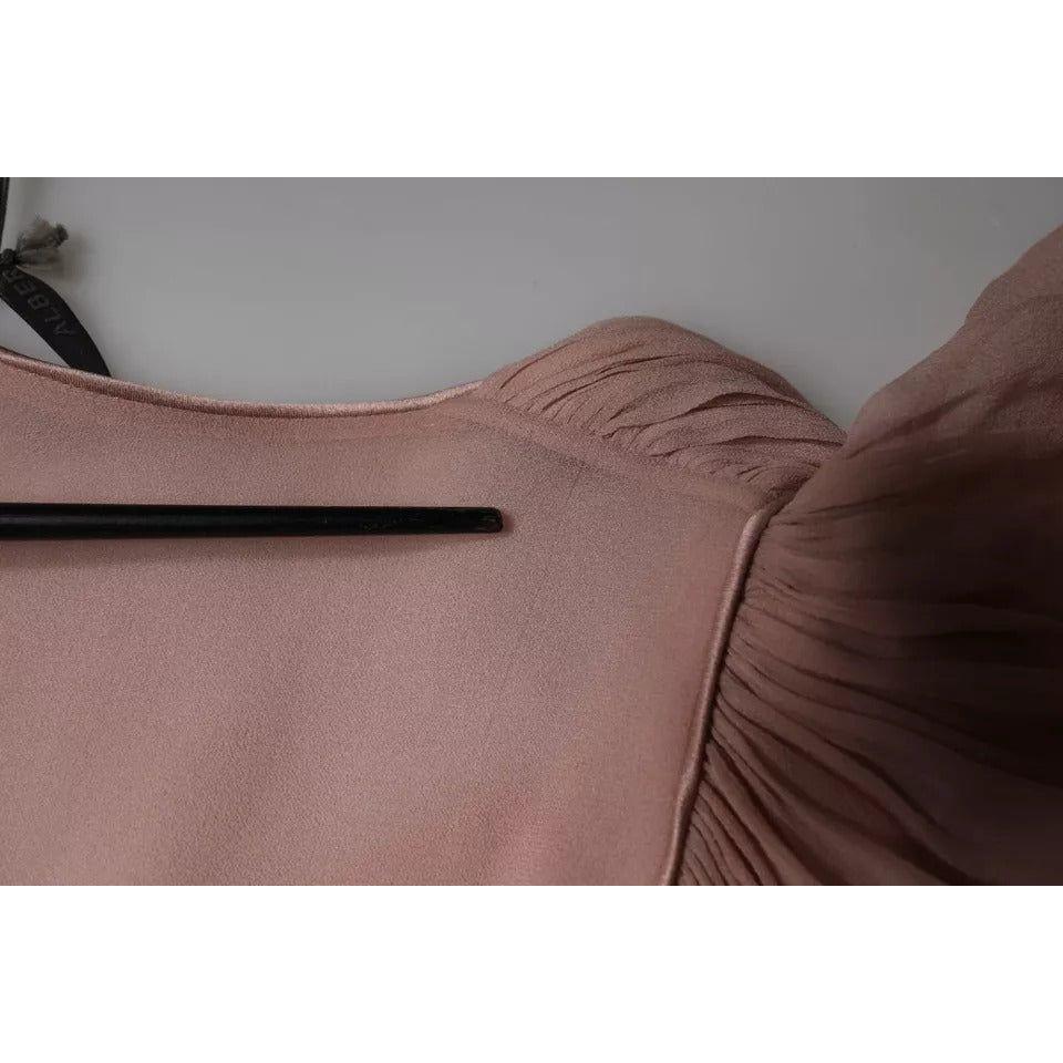 Close-up of Alberta Ferretti brown silk pleated top showing minor pulled threads on the back, with short sleeves and V-neck.