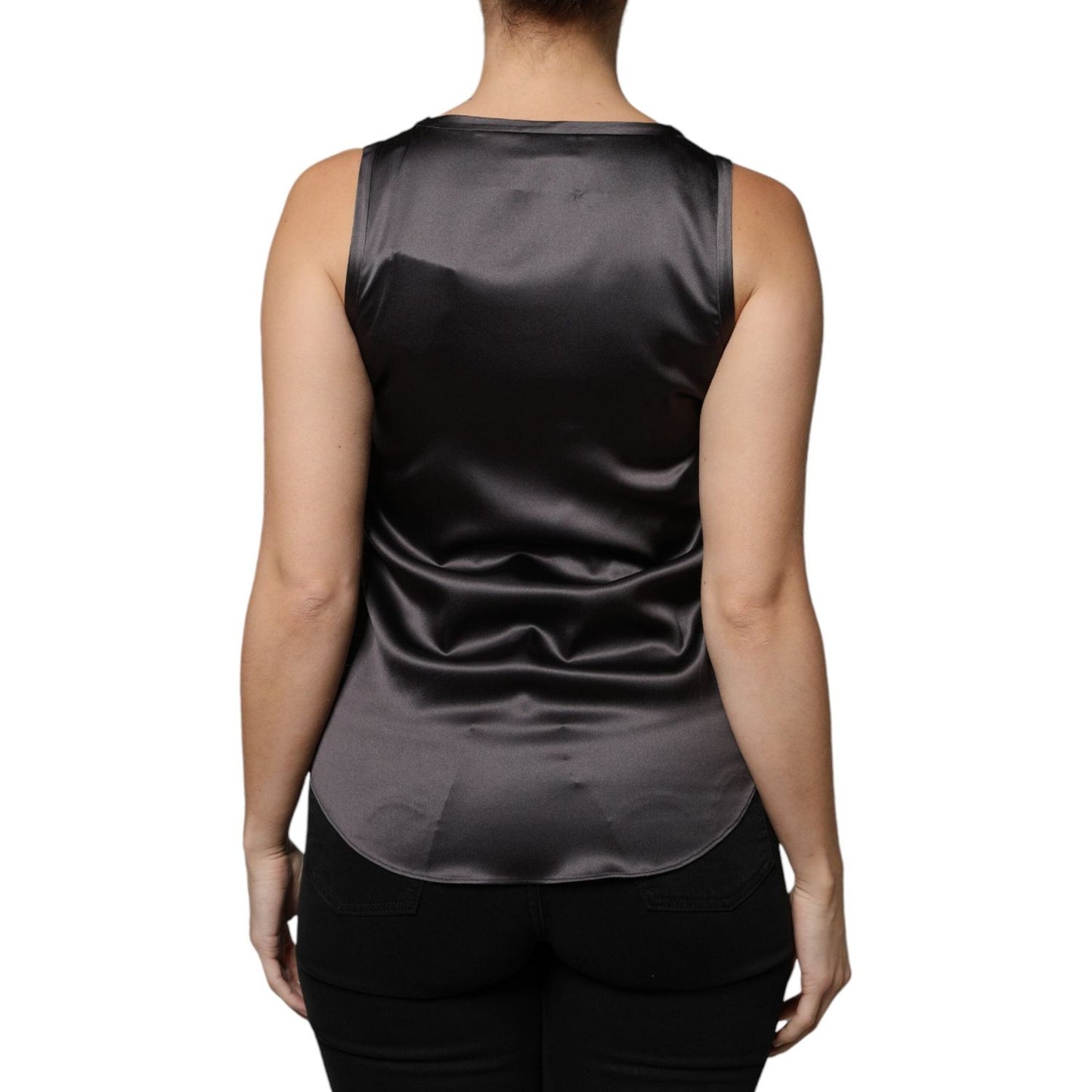 Back view of Brunello Cucinelli black silk blend sleeveless tank top with minor pulled threads, classic neckline, and stretch fit.