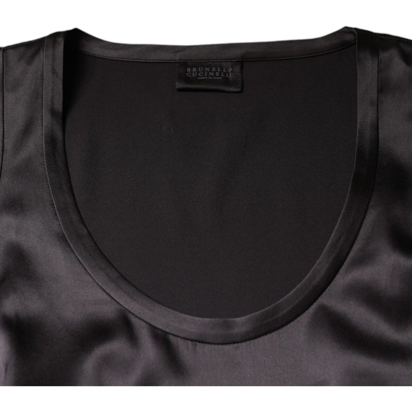 Brunello Cucinelli black silk blend sleeveless tank top with classic neckline, showing logo tag. Made in Italy.