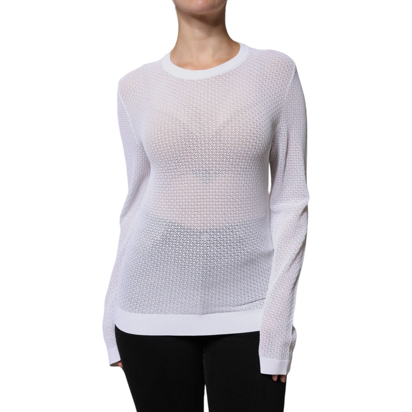 Dolce & Gabbana white mesh see-through long sleeves top, made from viscose and polyester, with logo details and minor marks on neckline.