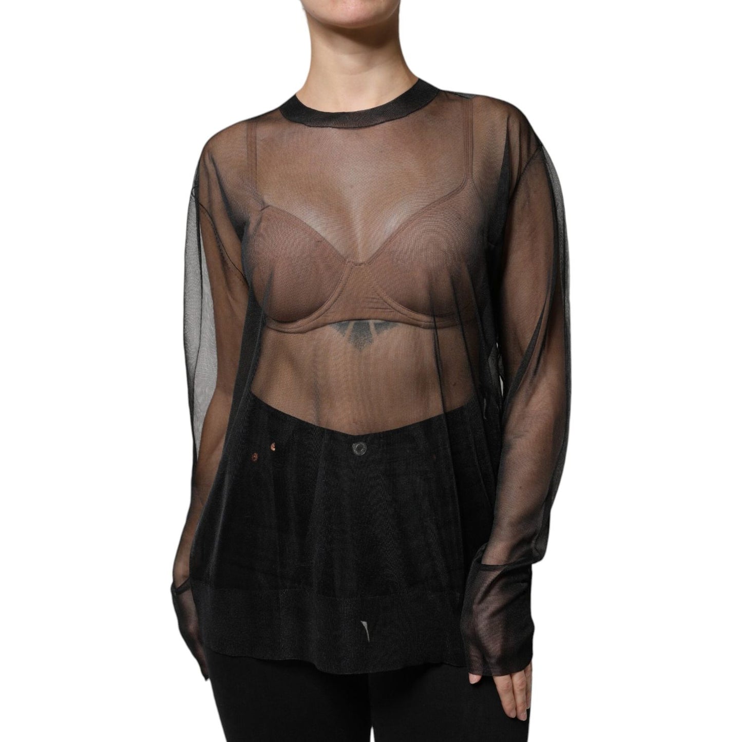 Dolce & Gabbana black sheer long sleeves crewneck blouse, 100% polyester, featuring logo details. Minor defect: pulled threads on front.