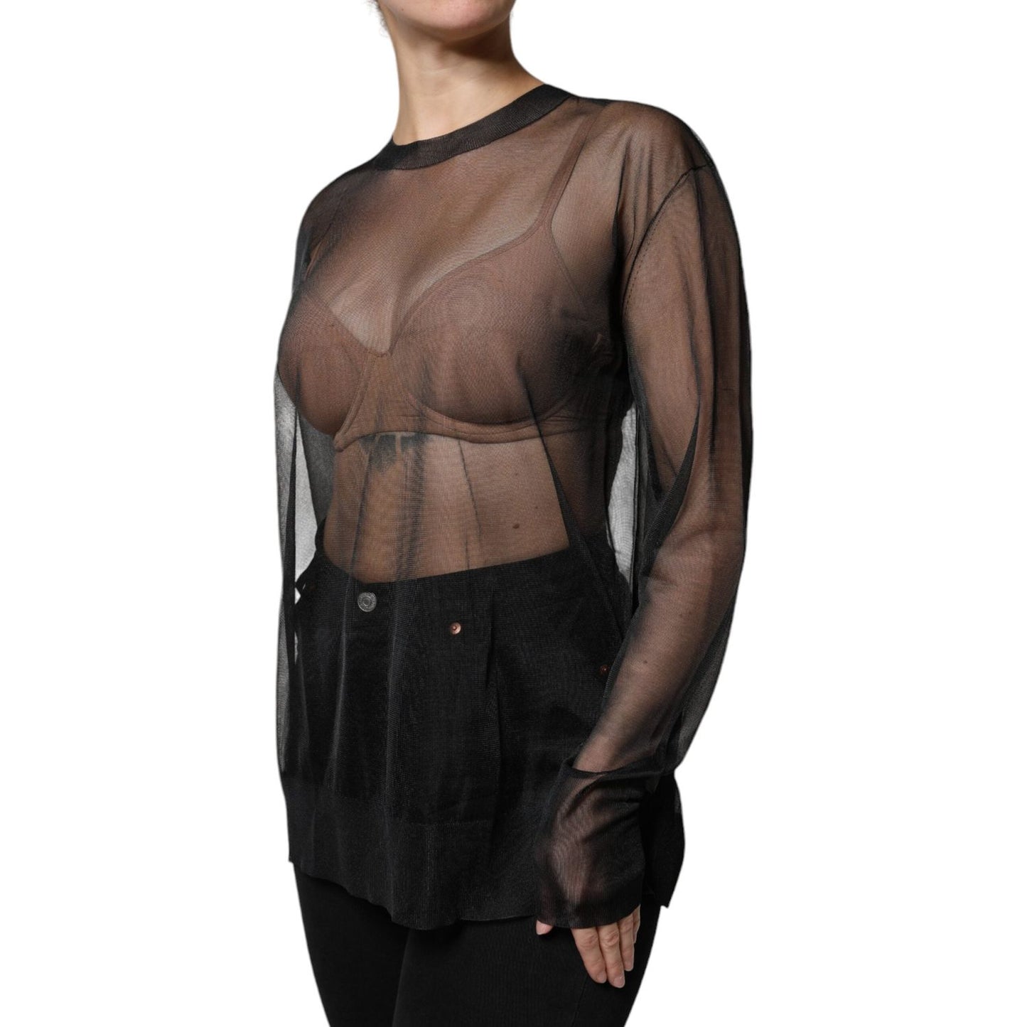 Dolce & Gabbana black sheer long sleeve crewneck blouse with minor defect, showcasing luxury craftsmanship.