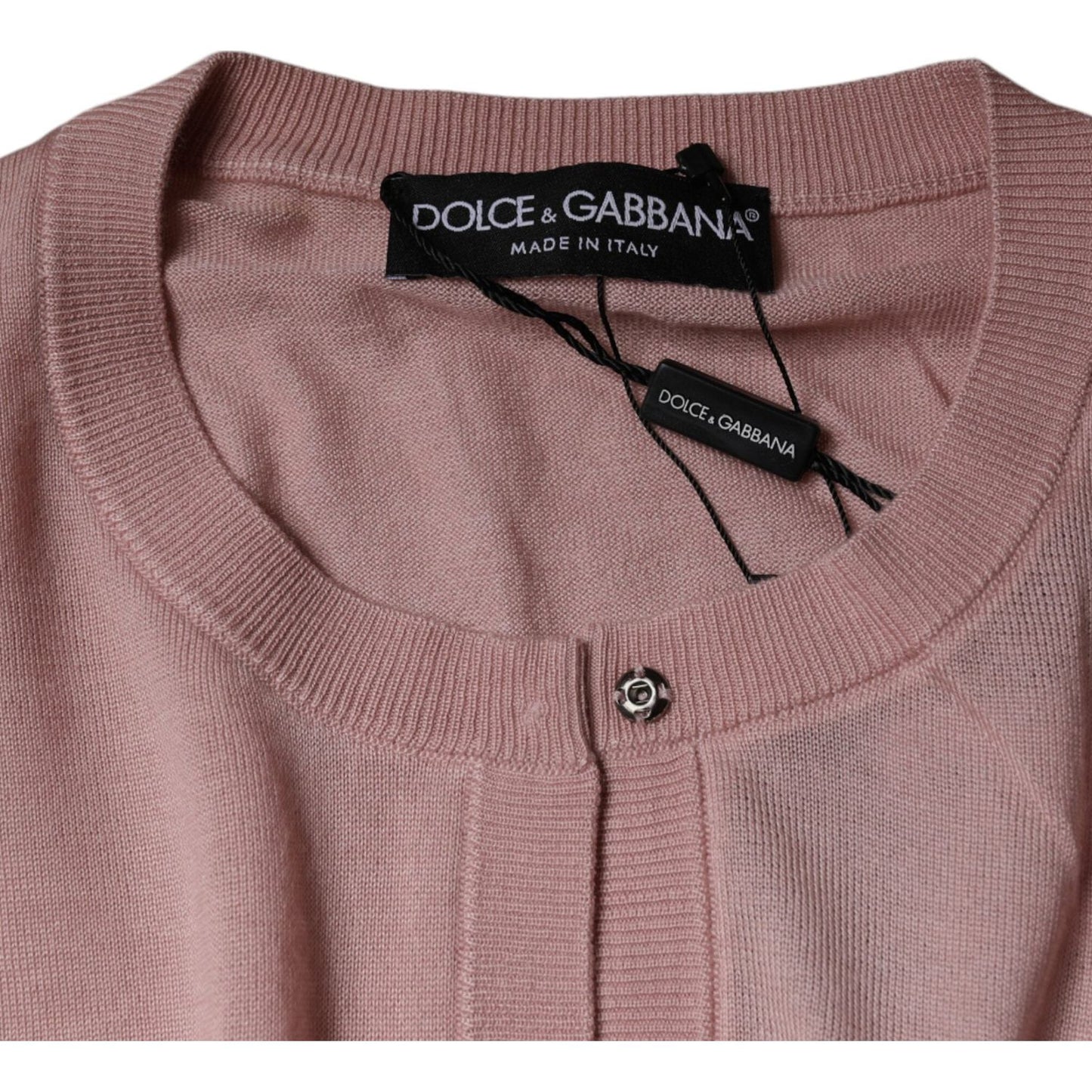 Dolce & Gabbana pink wool knit button down cardigan sweater, crew neck, long sleeves, logo detail, missing buttons, made in Italy