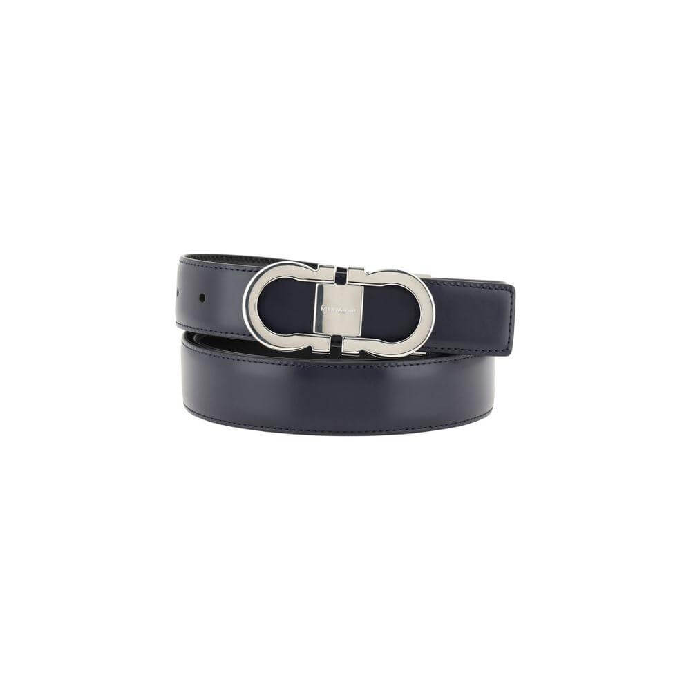 Ferragamo reversible leather belt with Gancini logo buckle, double-face design, luxury accessory.