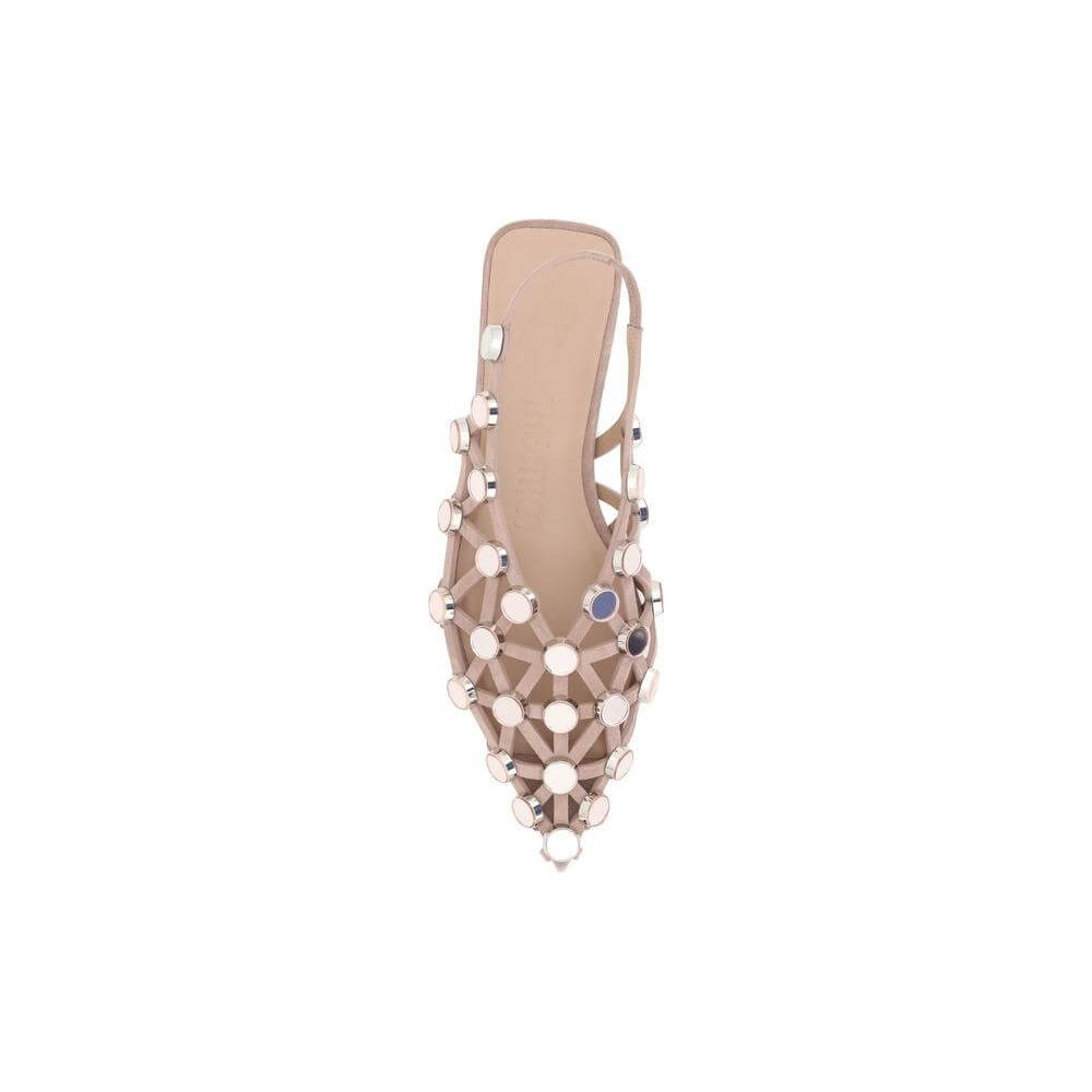 The Attico Grid Ballerinas in suede mesh with mirrored beads and geometric toe, featuring a comfortable elastic slingback strap.