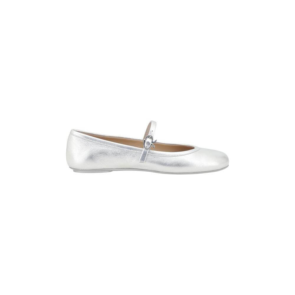 Gianvito Rossi Carla Ballerinas in grained leather with metallic finish, flat sole, round toe, and adjustable buckle fastening.