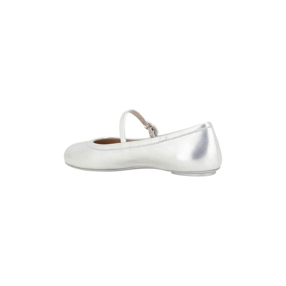 Gianvito Rossi Carla Ballerinas in metallic leather, featuring flat sole and buckle fastening, side view of the shoe.
