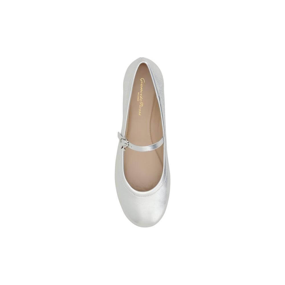 Gianvito Rossi Carla Ballerinas in metallic leather with buckle fastening, round toe, and logo-embossed insole, top view.
