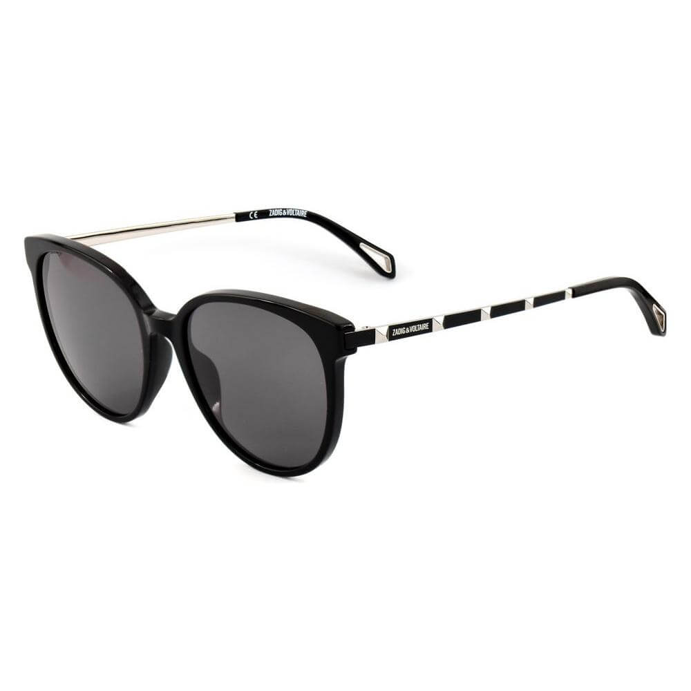 Zadig & Voltaire black acetate sunglasses with grey lenses, featuring a stylish design and logo detailing on the temples.